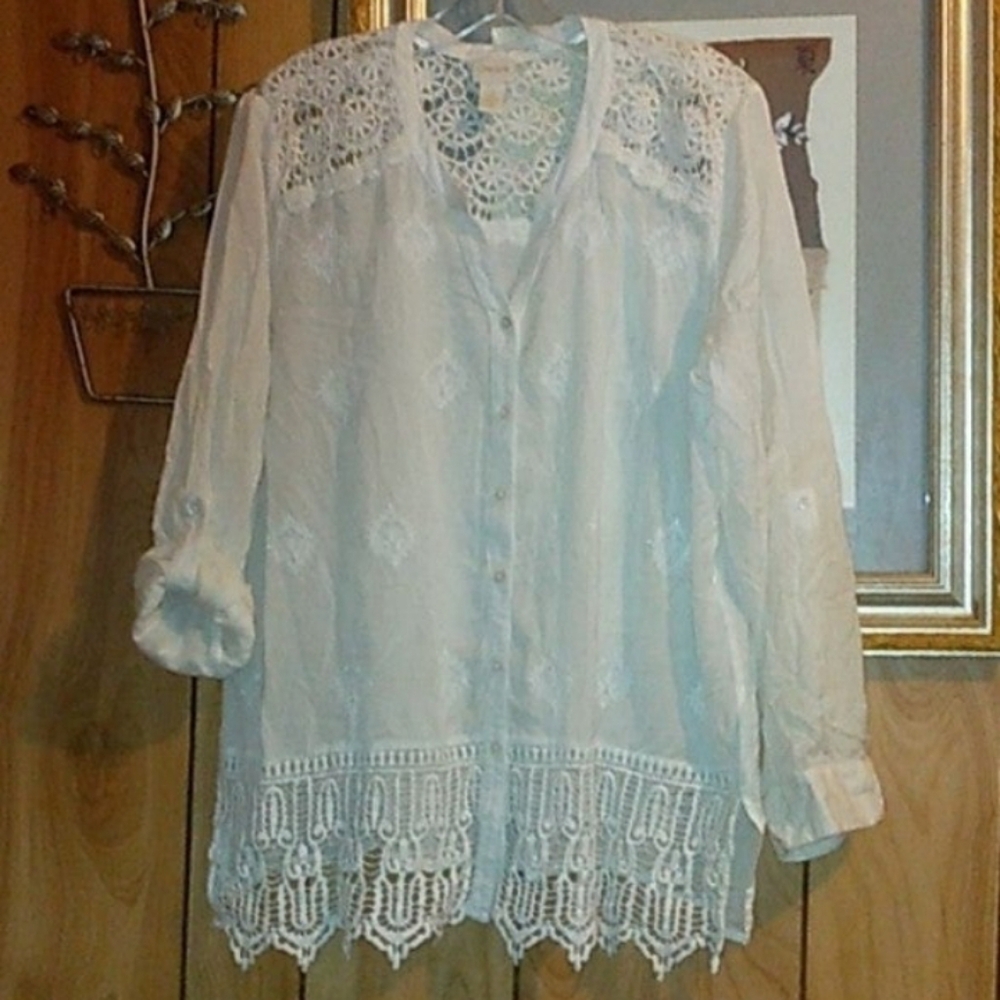 Chico's White Lace Button Down Shirt
